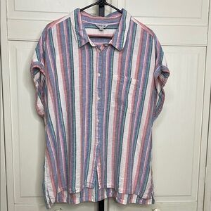 Orvis Women’s Linen Blend Colorful Stripes Rolled Cuff Button-Up Shirt Sz XXL